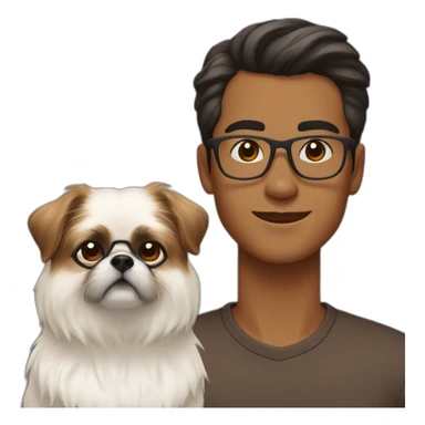 Young man with brown pompadour and glasses with white and brown Pekingese dog sticker
