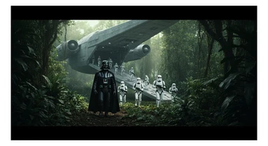cinematic still, Medium shot, amazon jungle, Darth Vader around stormtroopers coming out from starship on ground, they are exploring the jungle, inspired by StarWars movie, captured by arri alexa sticker