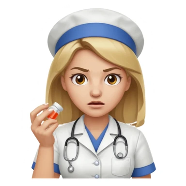 angry dark blonde nurse with a pills sticker