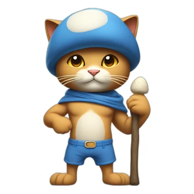 Strong muscles BLUE cat NO ears  wearing a mushroom cap carrying a stick in one arm standing on two legs with pants sticker