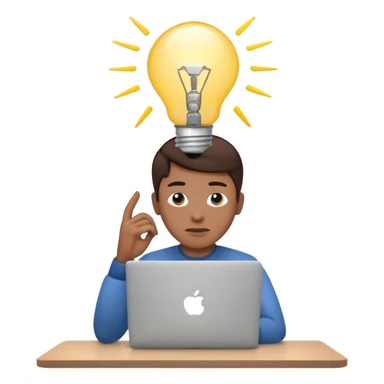 Like a cartoon working with a computer (macbook, showing the apple logo) thinking and a light bulb above his head while he thinks sticker