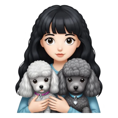 A girl with long black hair and airy bangs, fair skin, holding a silver-gray poodle with white fur on its chest. The poodle has a round head with its ears hidden within its fur. sticker