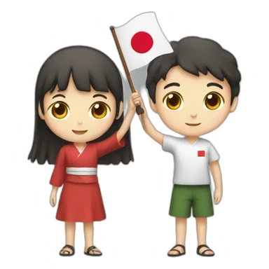 boy and girl holding Japanese flag sticker