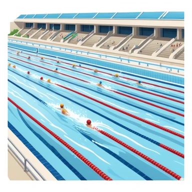 An icon featuring an Olympic swimming pool with multiple lanes and swimmers racing side by side. Splashes and lane dividers highlight the competition atmosphere. Transparent background emphasizes the energy, speed, and intensity of professional swimming events. sticker