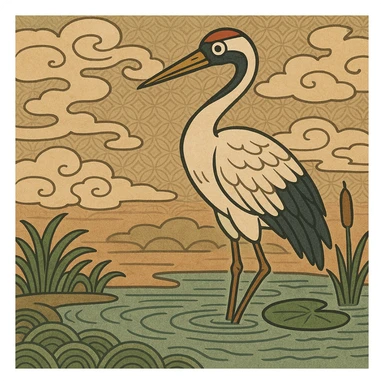crane bird standing in a pond, ukiyo-e style illustration sticker