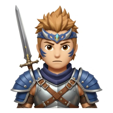 fantastic monster hunter warrior portrait, head and shoulders only, metal shoulder armor, sword strap visible, battle-worn look, intense expression, 3D cartoon, mobile game icon style, clean background, no text, no watermark
 sticker