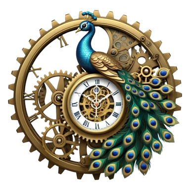  A mechanical peacock with gears visible beneath brass plating and a tail that unfolds into an elaborate display of ticking clock faces and spinning cogs. sticker