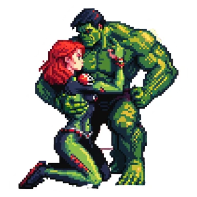 Hulk and Black Widow lullaby scene, Black Widow with red hair calming down the green Hulk, sun's getting real low gesture, Hulk transforming back sticker