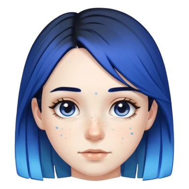 Pale girl with freckles and brown eyes, black hair, with two strips of blue hair sticker