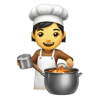 Asian with a cooking pot with a happy dog in it not being eaten sticker