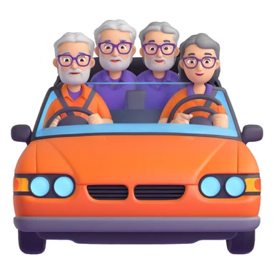 orange car front view with three people visible through windshield: driver with purple shirt and stubble, front passenger with gray hair and glasses, back passenger with black hair and glasses sticker