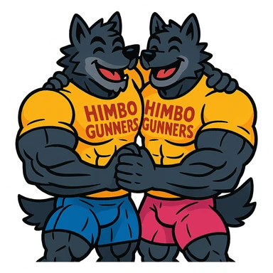 pair of ultra-muscular wolf furries wearing 'Himbo gunners' t-shirts, hugging, cheerful and energetic, very large, defined, and detailed muscles, high quality sticker