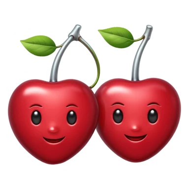 A pair of cherries emoji made of polished silver chrome, smooth rounded shapes, glossy metallic finish, soft highlights and reflections, cute proportions, iOS emoji style, centered, clean white background, no text sticker
