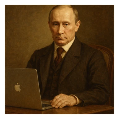Historical leader portrait-style Vladimir Putin with a MacBook on a desk sticker