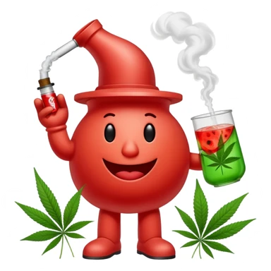 Kool-Aid Man character with legs smoking a bong with cannabis leaf nearby sticker