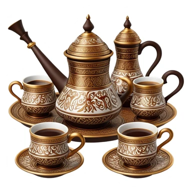 Turkish Coffee Set – Cinematic Realistic Turkish Coffee Set, depicted as an elegantly arranged ensemble of ornate coffee cups and a traditional cezve pot, adorned with intricate patterns and rich, warm colors, rendered with detailed textures and soft ambient lighting that captures its cultural heritage. sticker