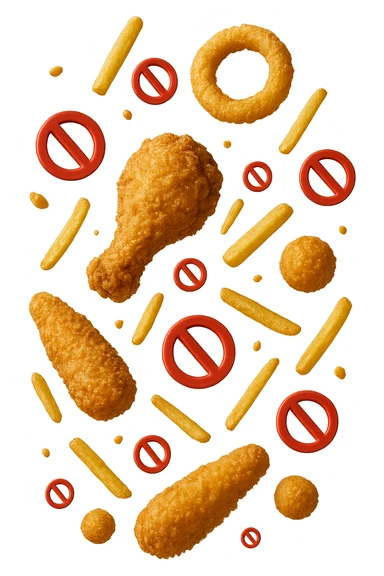 cibi fritti cadono verticalmente dall'alto con piccoli divieti in 3d, iperrealistico 4k sticker