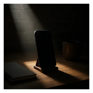 dark room in loft style, iphone lies on a wooden table on a stand, next to it lies a notebook and a cup, a beam of light shines directly on it and on the table sticker