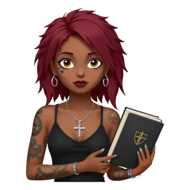 generate an ios genmoji of a dusky girl with long dark red messy hair with eyeliner on her eyes. septum piercing, wearing a cami black top, has tattoos, on shoulders. ear piercings. wearing a cross silver necklace. carrying a lot of sketchbooks


no tattoos on face sticker