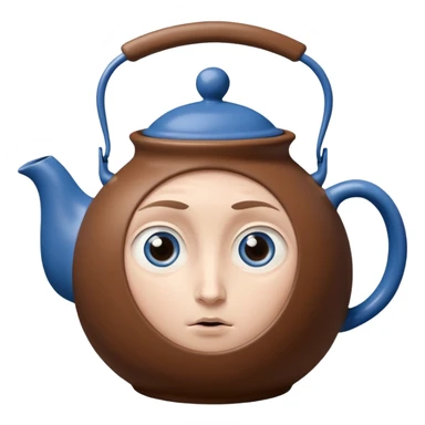 brown teapot, with a concerned expression including big blue eyes. It has human legs on the bottom, and a human hand connected to its handle. sticker