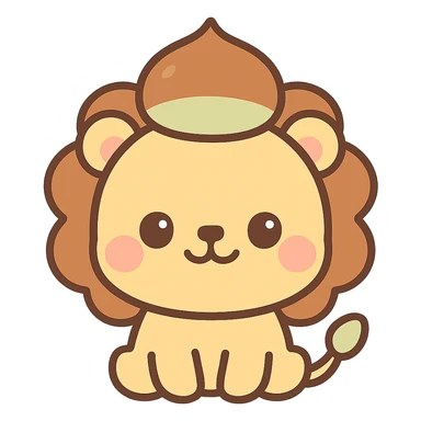 kawaii lion character with a chestnut hat, round face, soft colors, chibi style, smiling warmly sticker