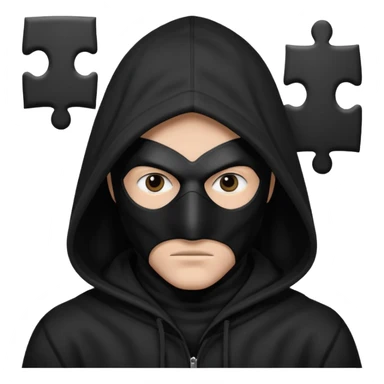 grayscale black mysterious masked hooded man with puzzle logo on hood sticker