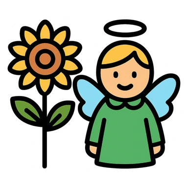 icon of a sunflower and an angel, colorful, lineal color icon style sticker