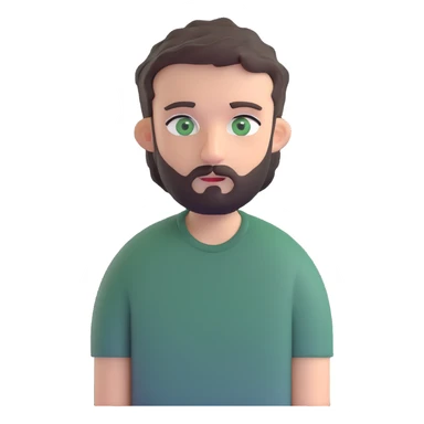 man with dark messy short hair, dark green eyes, gray T-shirt, and short beard sticker