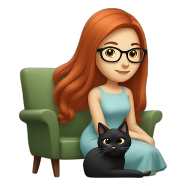 woman with long straight red hair and black-rimmed glasses, in a dress, sitting in an armchair, with a black cat on her lap sticker