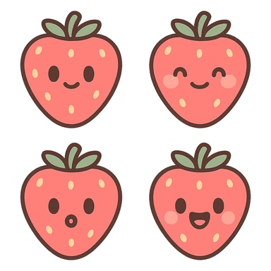 A series of illustrations stawberry in a kawaii emoji style, with detailed shading and highlights, thin clean outlines, soft and rounded features. Pastel color palette using  #FF5B5B, #CE4C4C,#CE4C4CThe style is inspired by modern Japanese pop art and sticker aesthetics. Highly detailed, vector clarity, soft lighting and subtle shadows. Transparent background without background. sticker