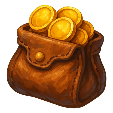 В cлегка рисованной, но при этом объемной и яркой стилистике сгенерируй картинку кожаного кошелька, из которого торчат золотые монеты. Они должны выглядеть не как пластмассовые, а как настоящее золото. Прозрачный фон sticker