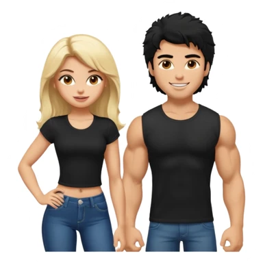 a pretty bratz guy with black hair with big muscles and shaggy hair in a tight black tee smiling standing with a girl sticker