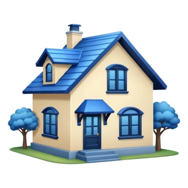 a creamy-colored house with dark blue trim and a blue roof sticker