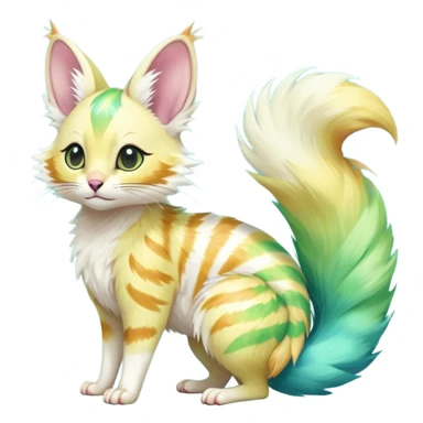  cute adorable yellow-green-turquoise-gradients albino fur with random colorful iridescent rainbow markings beautiful elegant pretty precious cute  Fakémon-Pokémon-opossum-feline-serval-caracal-chinchilla-Minccino-hybrid-creature with a big fluffy bushy striped tail (full body) sticker