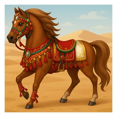 Add traditional Arabian tack and ornate decorations to the Saudi Arabian horse in emoji style, keeping the desert background as is. sticker