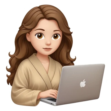 make a picture in ios 18 style of a white girl with brown long wavy hair wearing beige robe and working on a laptop sticker