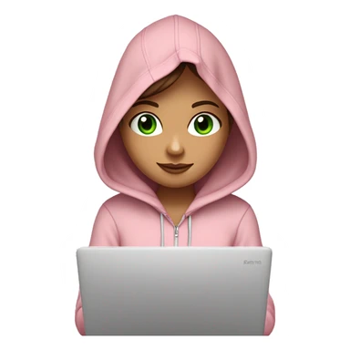 a girl with brown long hair, fair skin, green eyes, is working relaxed at a modern laptop in a monochrome pale pink zip hoodie with a hood and a pink monochrome T-shirt sticker