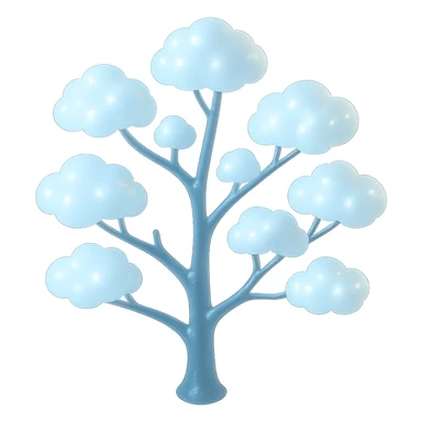 one tree with many branches, each branch covered with small, very bright white, saturated color, fluffy convex clouds, matte glass style, no background sticker