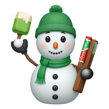 snowman wearing green cap with chaco bar sticker