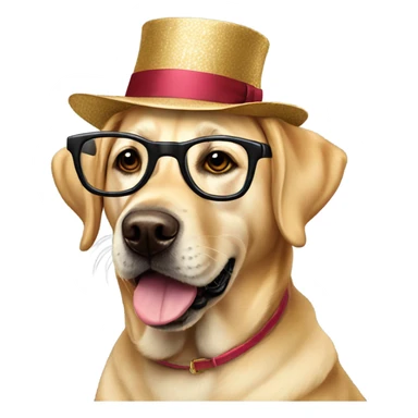 Golden lab dog wearing spectacles and fancy hat sticker