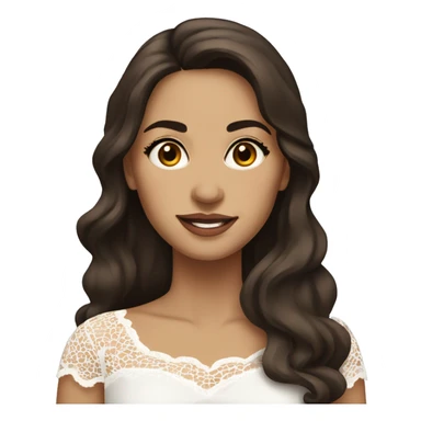 Adult woman with brown eyes, light tanned skin, long wavy dark brown hair, wearing a white lace dress sticker