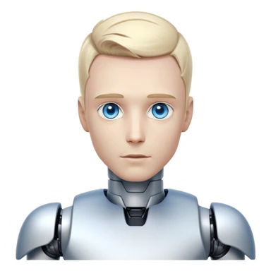Male humanoid robot with short blond hair, metallic face, digital eyes, sharp jawline, futuristic sticker