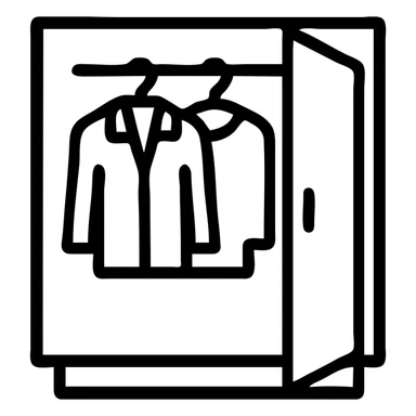Minimalist flat design of a closet or wardrobe, slightly open showing neatly hung jackets and shirts, clean professional look sticker
