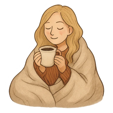 blonde girl cozy under a blanket, sipping coffee, eyes closed, content and warm sticker