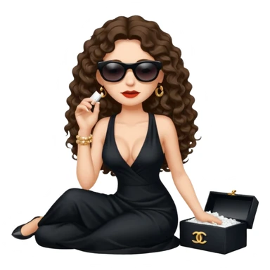 Female drug boss with long curly brown hair,  sitting on a pile of cocaine, sunglasses on and wearing black low cut long Chanel dress sticker