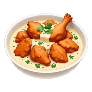 Butter Chicken Cinematic Realistic Butter Chicken Dish Emoji, depicted as tender chicken pieces sliced up and bathed in a creamy white sauce garnished with fresh cilantro, rendered with rich textures and vibrant, appetizing lighting. sticker
