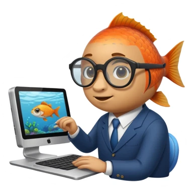 fish in a building working on a computer sticker