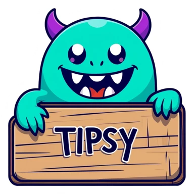 Fantasy tavern wooden sign with "Tipsy Mimic" name, with monster teeth and tongue sticker