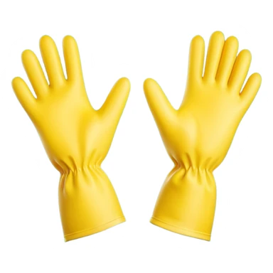 pair of bright rubber gloves with long cuffs and slightly curved fingers, suggesting flexibility and grip, vibrant yellow color, soft matte finish, gentle creases indicating use, no sponge, soap, or sink, soft lighting, subtle shadows, emoji scale sticker