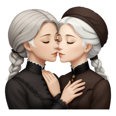eyes closed lesbian kiss between modest Victorian women, one with white hair and one with brown hair, wearing dark outfits sticker